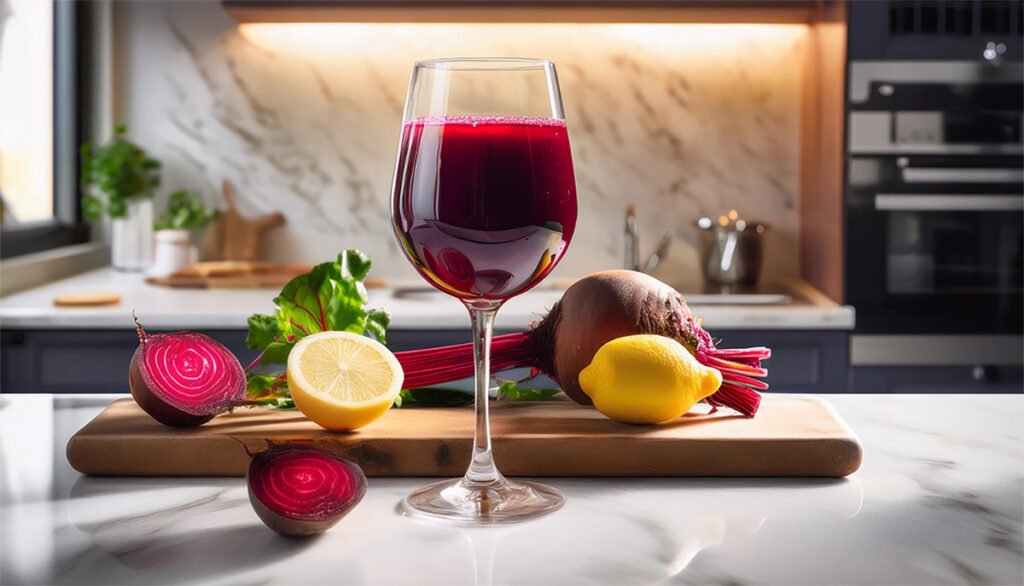 A wine glass filled with beet kvass