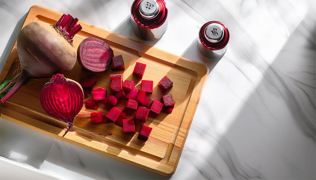 Cubes of fresh beetroot for beet kvass